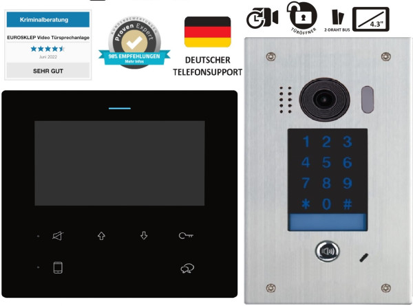 Videotürsprechanlage mit Edelstahl Außenstation, Codetastatur und einem Monitor innen